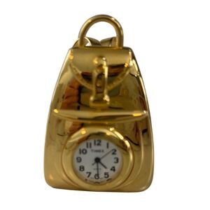 Timex Miniature Backpack Desk Clock Gold Tone Metal Collectible Quartz Novelty